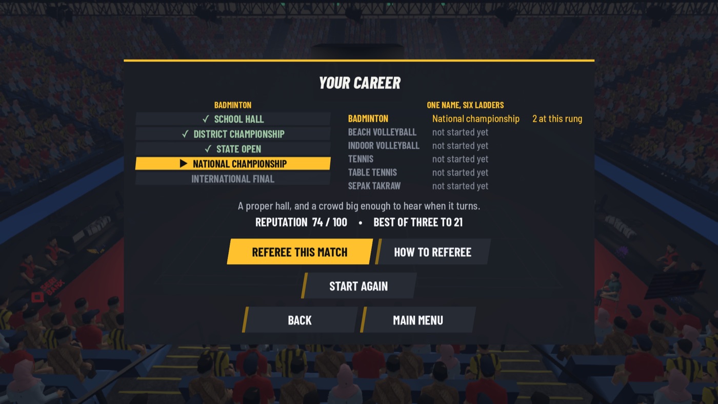 The career screen: five rungs, six sports, and a reputation of 74 out of 100