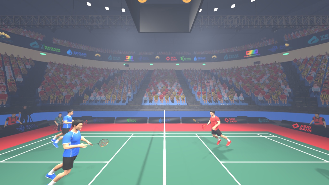 A line judge at the corner of the court, arms out for OUT